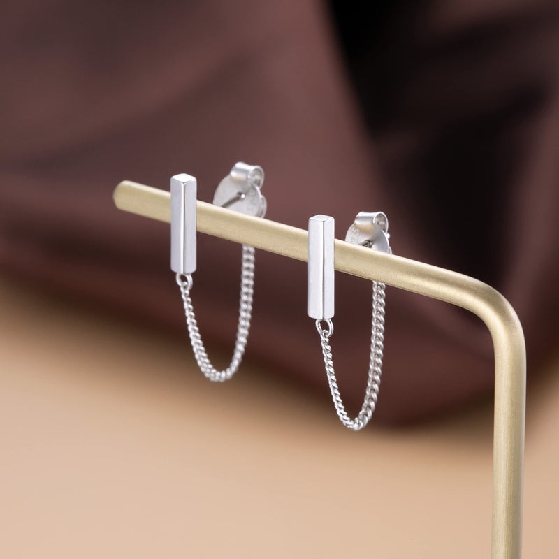 Reffeer 925 Sterling Silver Stud Earrings Minimalist Bar Earrings with Chain Dangle Earrings For Women (A-Silver) - Image 4
